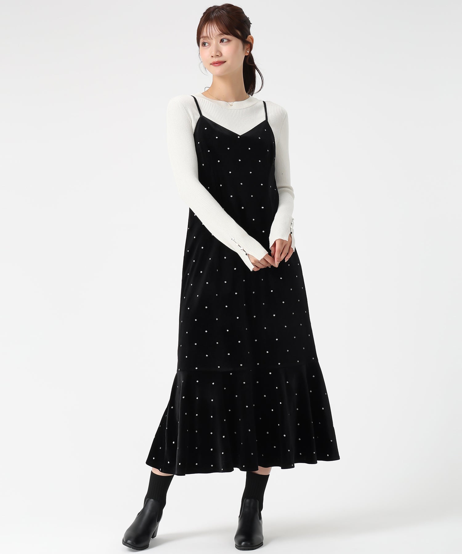 ミッシュマッシュ MISCH MASCH 2025秋冬新作 Vネックベロアキャミワンピース MM547425 （BLACK） BLACK
