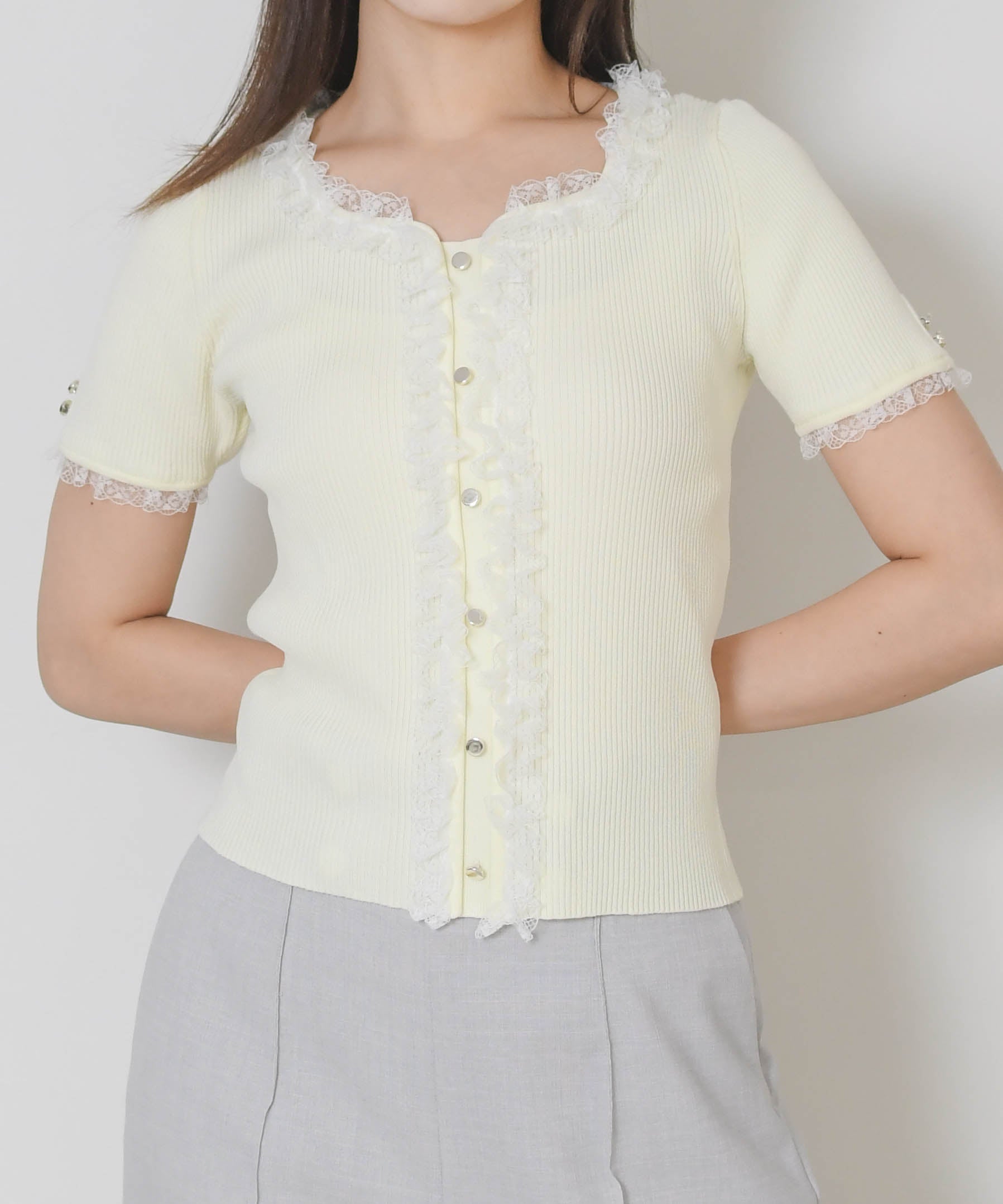 ミッシュマッシュ MISCH MASCH 2026春夏新作 レースフリルトリミングニット MM628307 （YELLOW） YELLOW