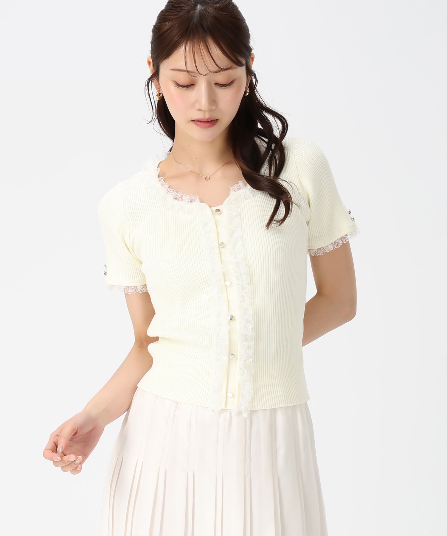 ミッシュマッシュ MISCH MASCH 2026春夏新作 レースフリルトリミングニット MM628307 （YELLOW） YELLOW
