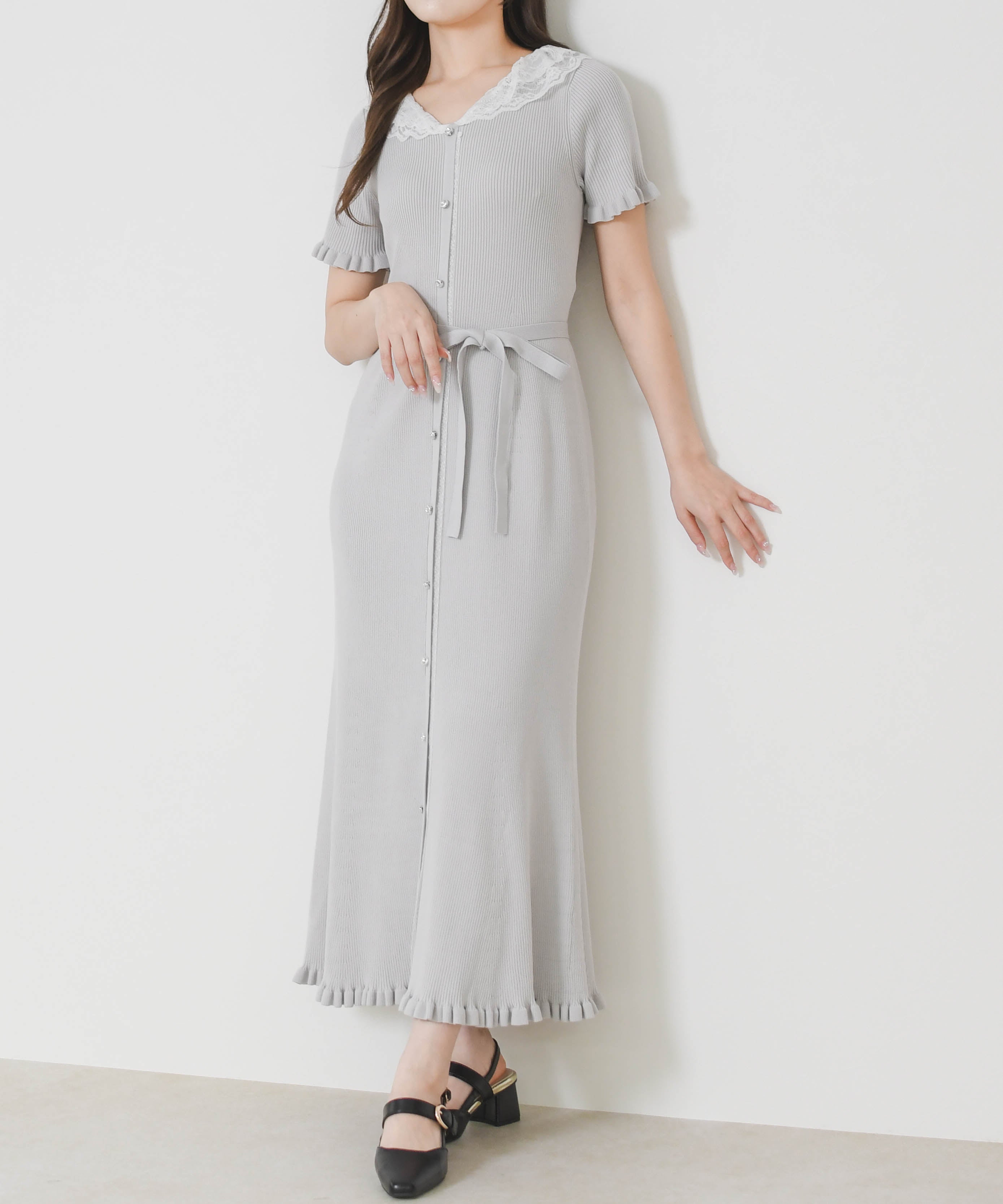 ミッシュマッシュ MISCH MASCH 2026春夏新作 レースフリルニットワンピース MM627423 （GREY） GREY