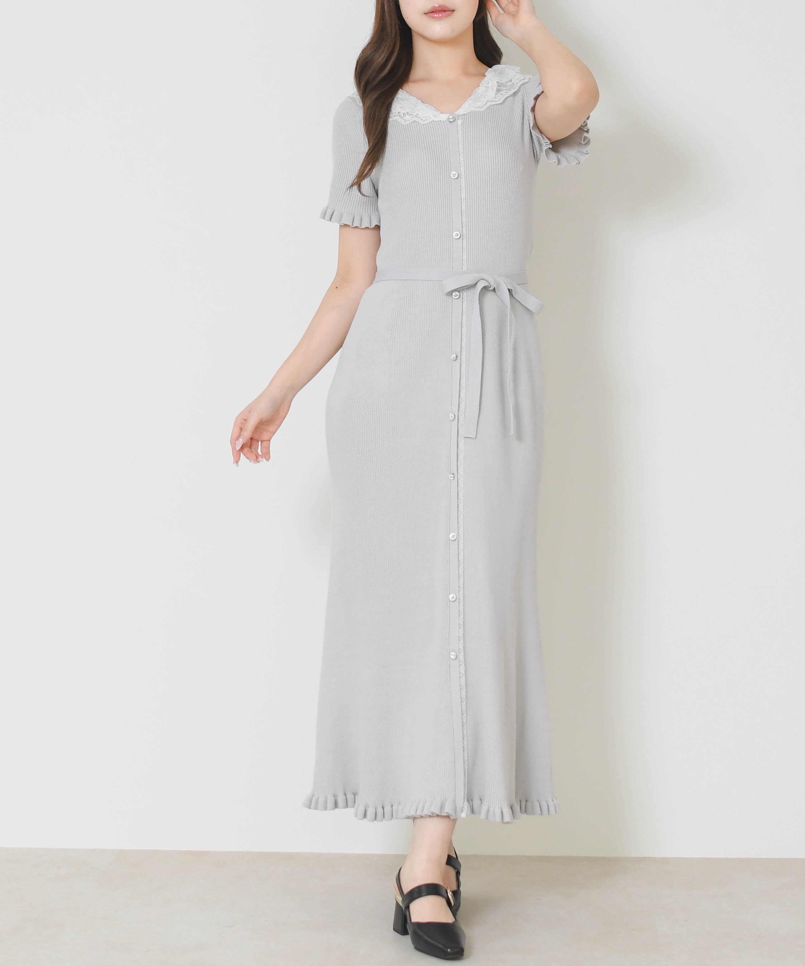 ミッシュマッシュ MISCH MASCH 2026春夏新作 レースフリルニットワンピース MM627423 （GREY） GREY