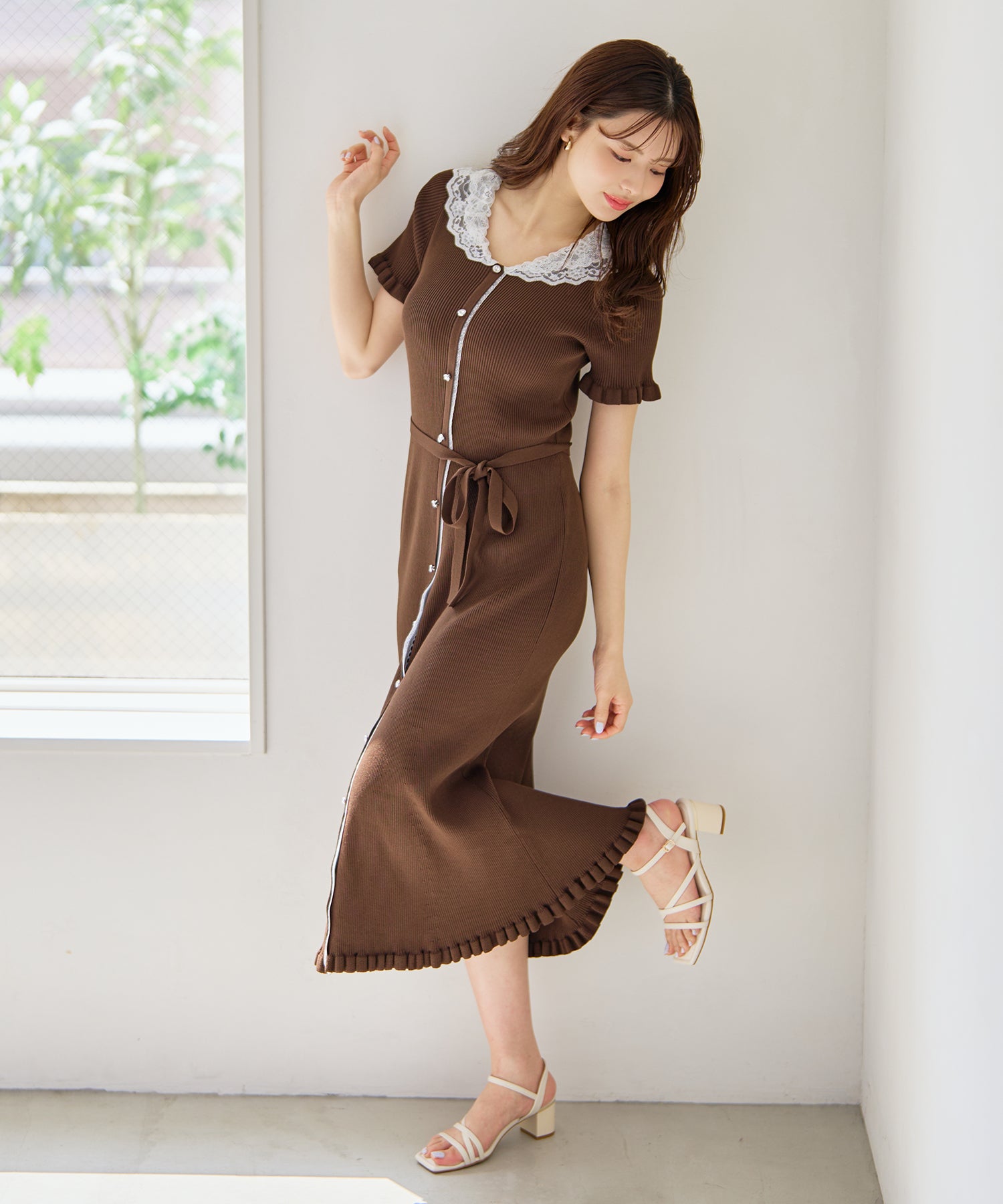 ミッシュマッシュ MISCH MASCH 2026春夏新作 レースフリルニットワンピース MM627423 （BROWN） BROWN