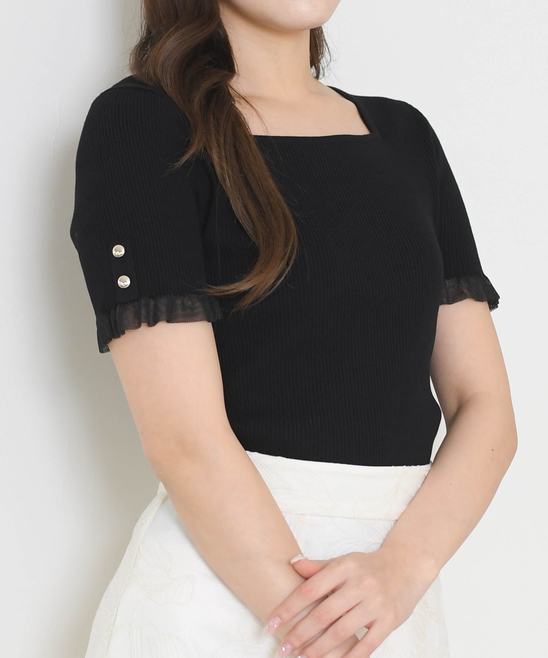 ミッシュマッシュ MISCH MASCH 2026春夏新作 シアーフリル2way半袖ニット MM628316 （BLACK） BLACK