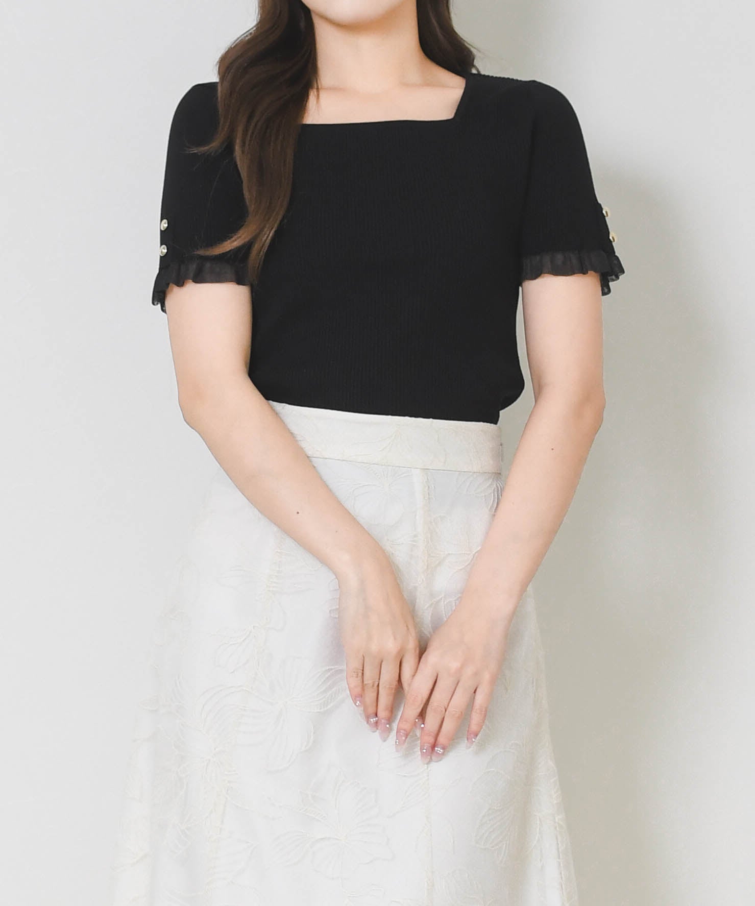 ミッシュマッシュ MISCH MASCH 2026春夏新作 シアーフリル2way半袖ニット MM628316 （BLACK） BLACK
