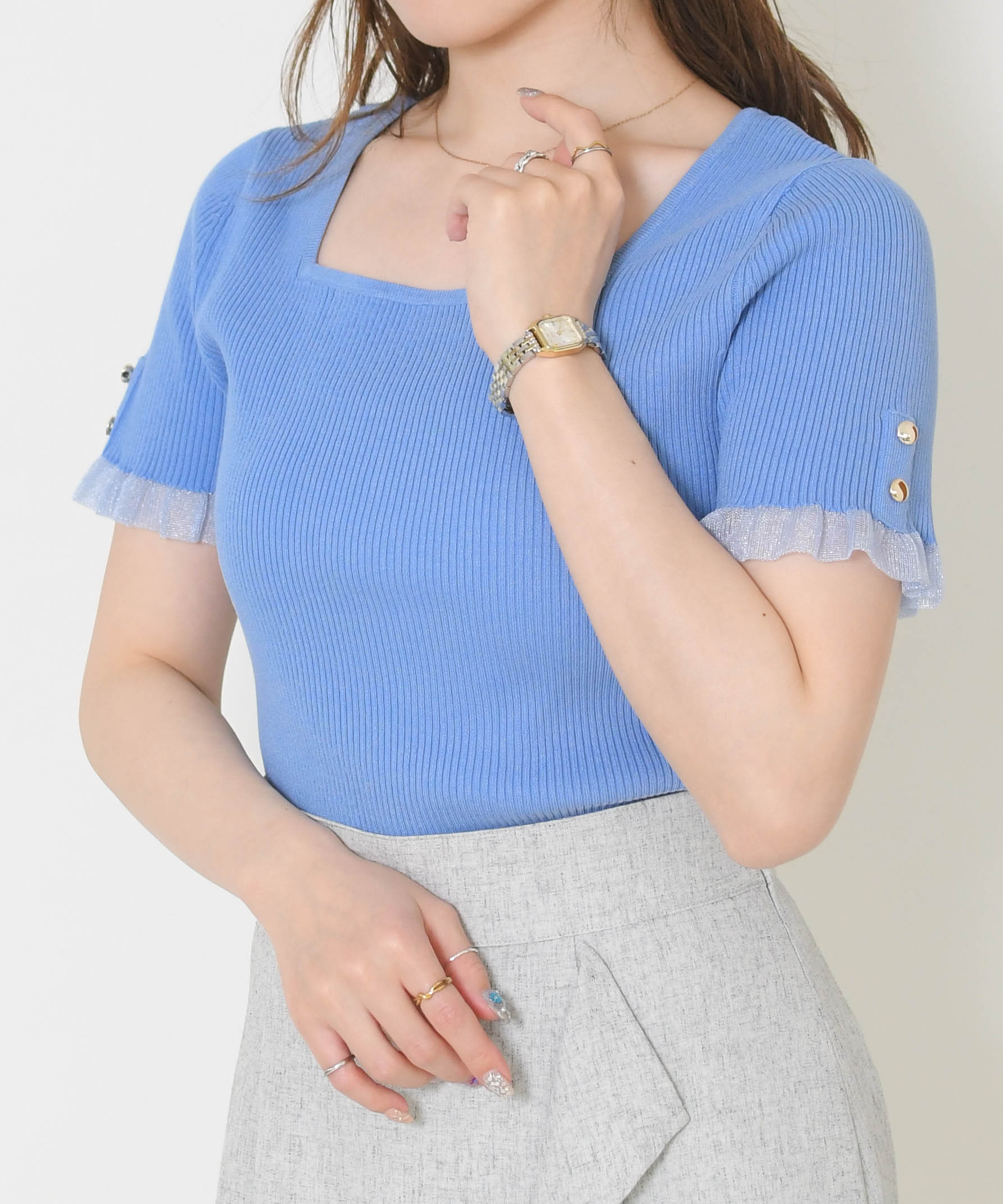 ミッシュマッシュ MISCH MASCH 2026春夏新作 シアーフリル2way半袖ニット MM628316 （BLUE） BLUE