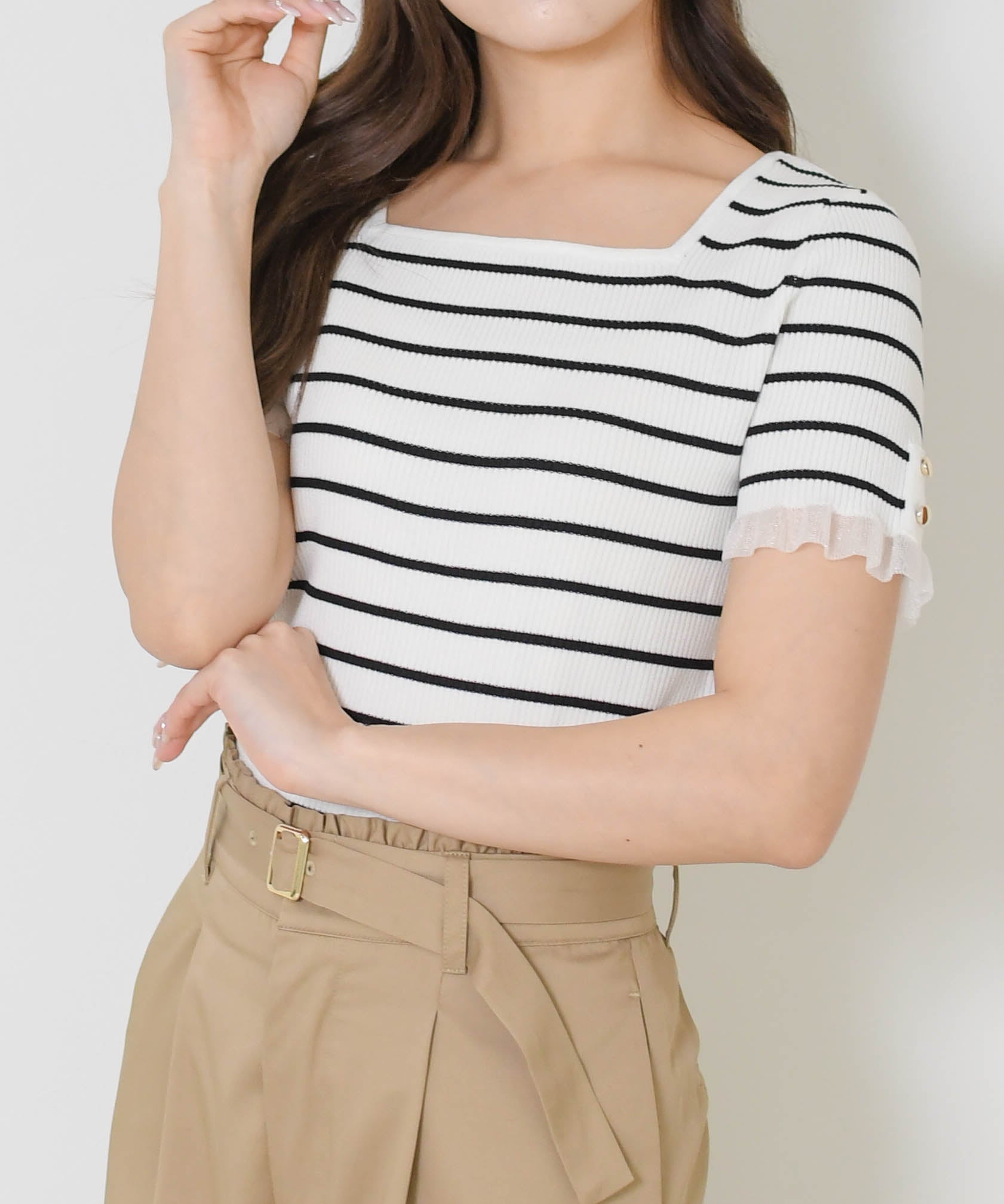 ミッシュマッシュ MISCH MASCH 2026春夏新作 シアーフリル2way半袖ニット MM628316 （WHITE/BLACK） WHITE/BLACK