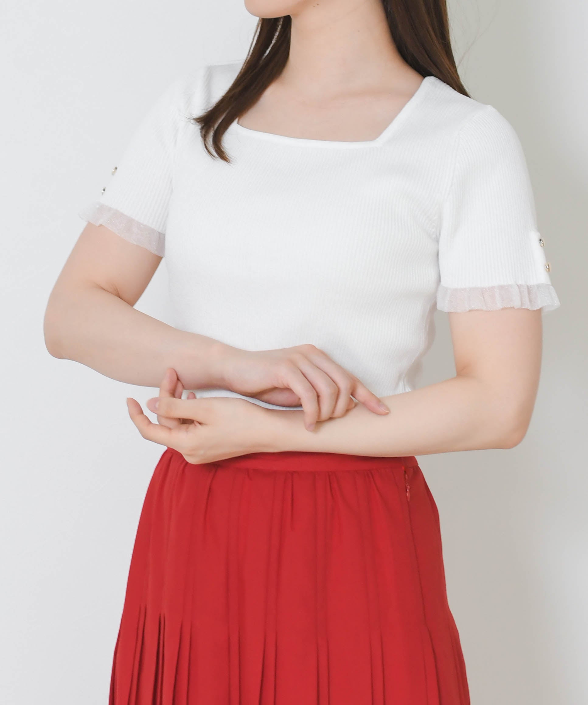 ミッシュマッシュ MISCH MASCH 2026春夏新作 シアーフリル2way半袖ニット MM628316 （WHITE） WHITE
