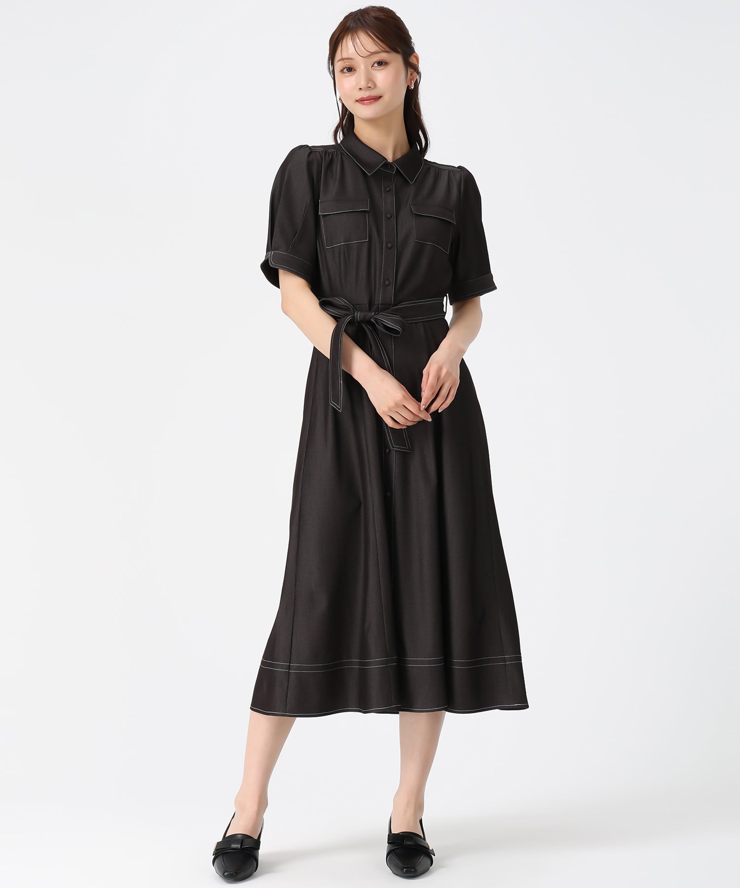 ミッシュマッシュ MISCH MASCH 2026春夏新作 ステッチ配色パフスリーブシャツワンピース MM627425 （BLACK） BLACK