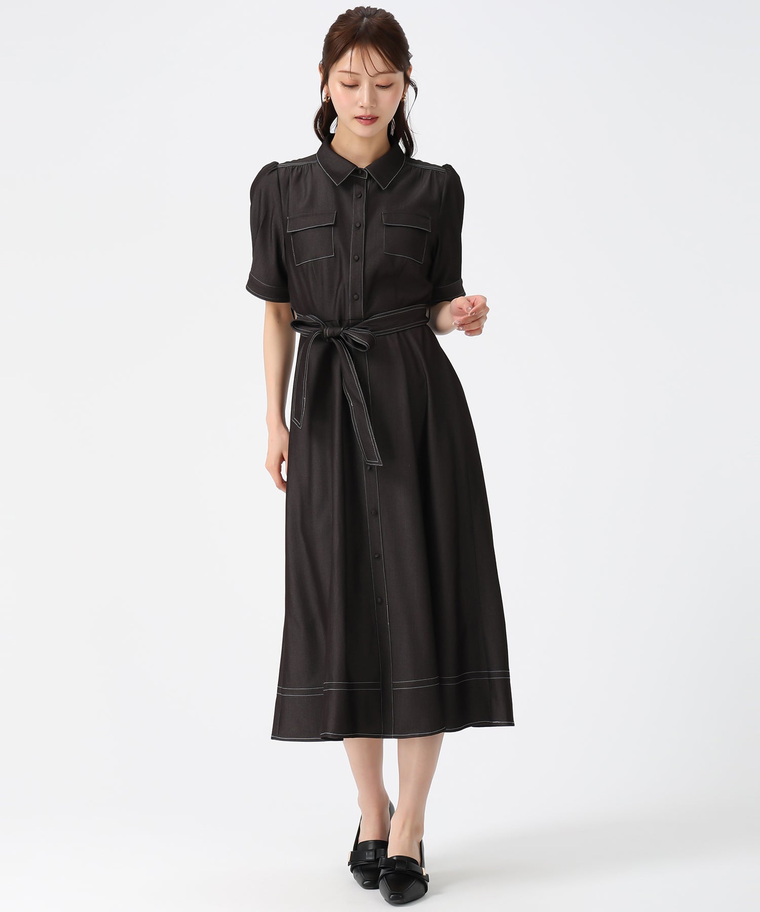 ミッシュマッシュ MISCH MASCH 2026春夏新作 ステッチ配色パフスリーブシャツワンピース MM627425 （BLACK） BLACK