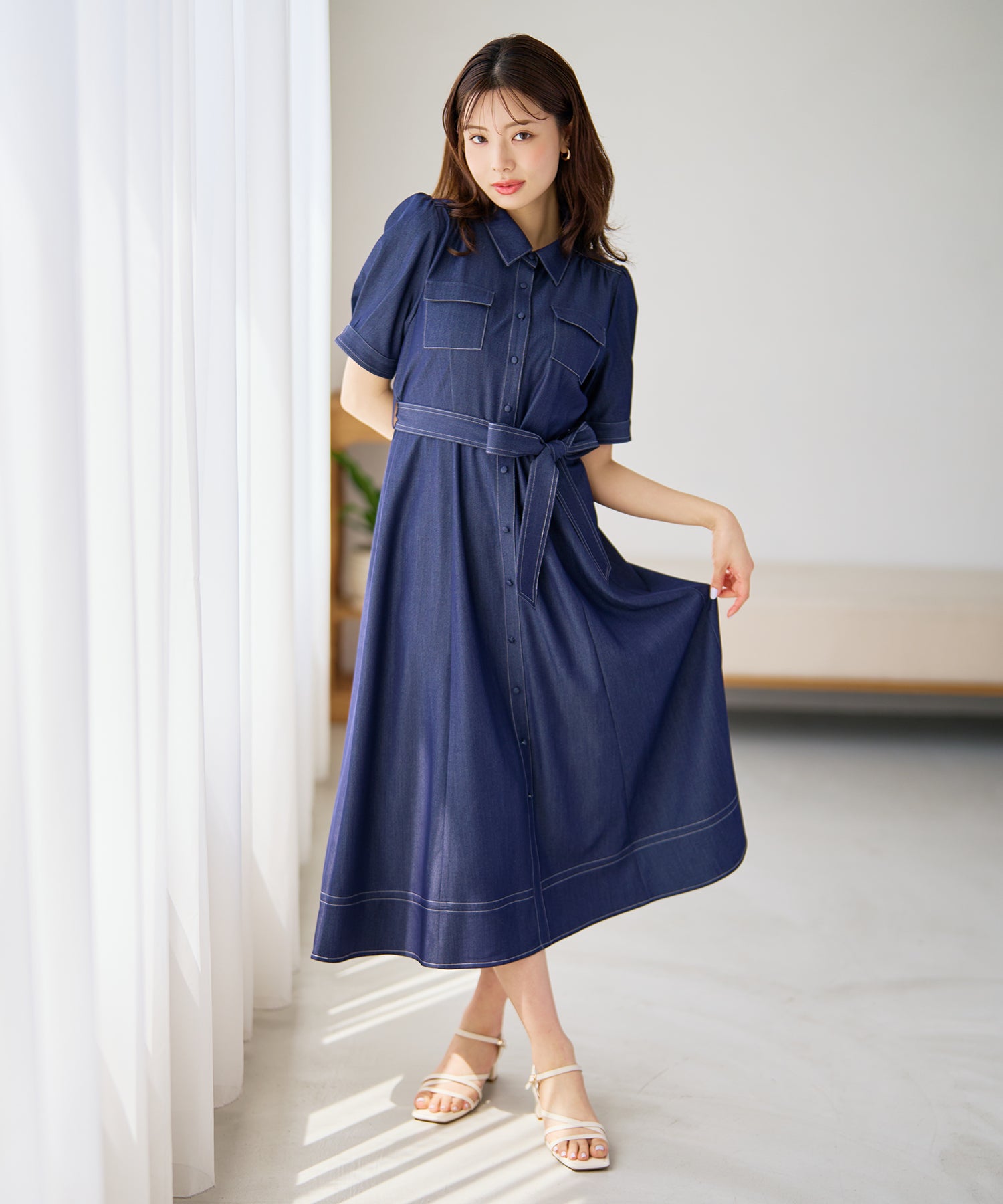 ミッシュマッシュ MISCH MASCH 2026春夏新作 ステッチ配色パフスリーブシャツワンピース MM627425 （NAVY） NAVY