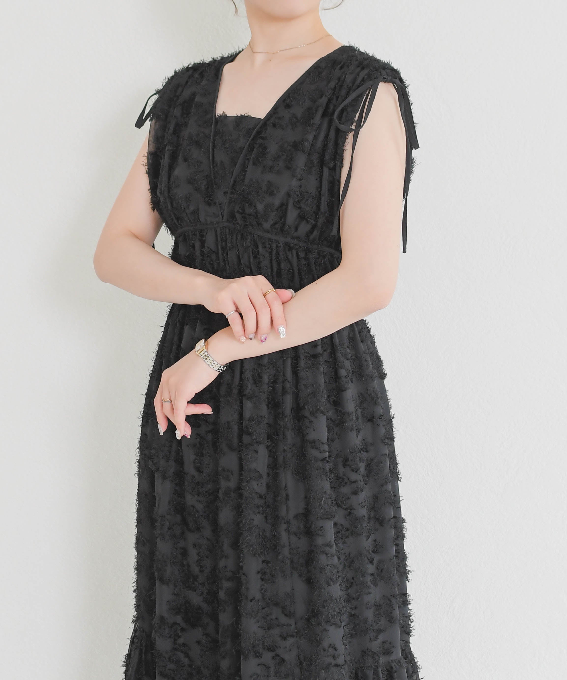 ミッシュマッシュ MISCH MASCH 2026春夏新作 フリンジジャガードワンピース MM627413 （BLACK） BLACK