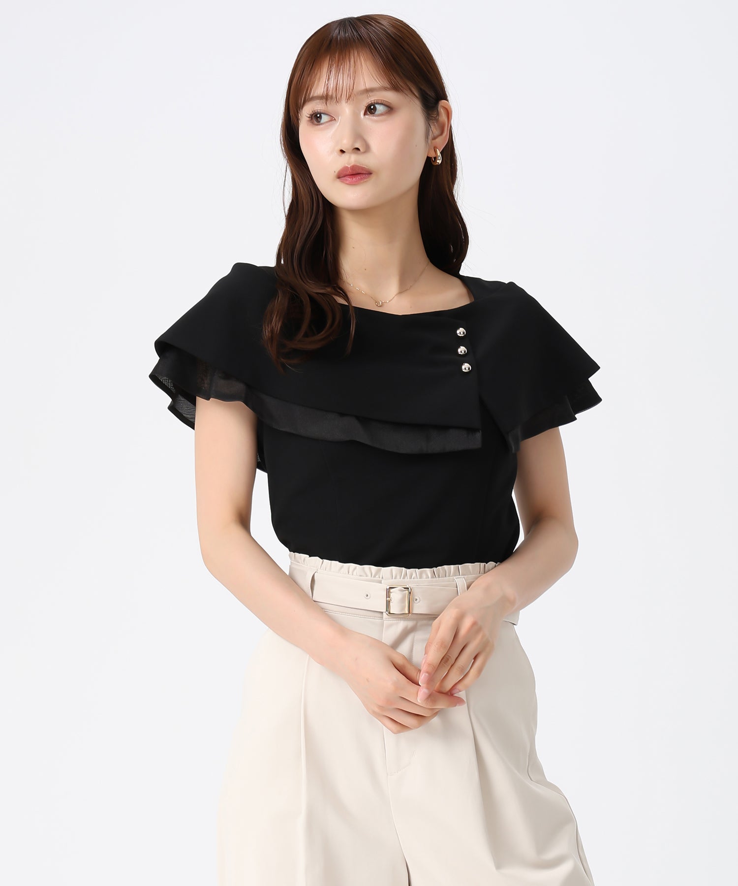 ミッシュマッシュ MISCH MASCH 2026春夏新作 アシメ金釦ケープカットトップス MM628201 （BLACK） BLACK