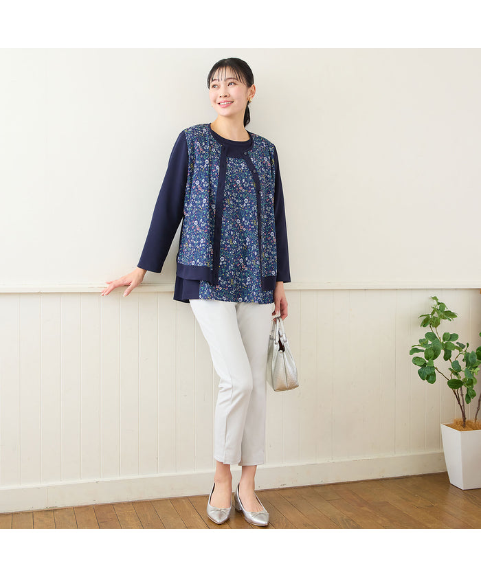 ミゼール missel 【洗える・アンサンブル可・L～4Lサイズ】ボタニカル柄カットソー （ベージュ） ベージュ