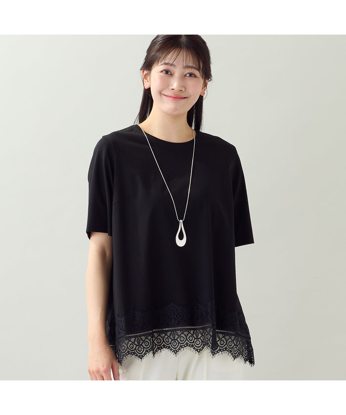 ミゼール missel 【洗える・L～4Lサイズ】レースヘムTシャツ （ブラック） ブラック