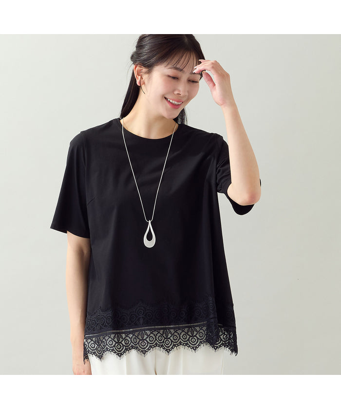 ミゼール missel 【洗える・L～4Lサイズ】レースヘムTシャツ （ブラック） ブラック