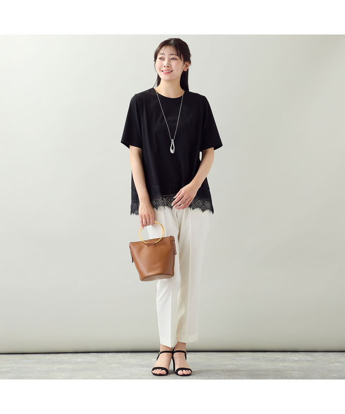 ミゼール missel 【洗える・L～4Lサイズ】レースヘムTシャツ （ブラック） ブラック