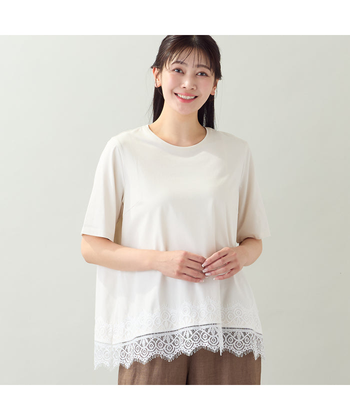 ミゼール missel 【洗える・L～4Lサイズ】レースヘムTシャツ （ブラック） ブラック