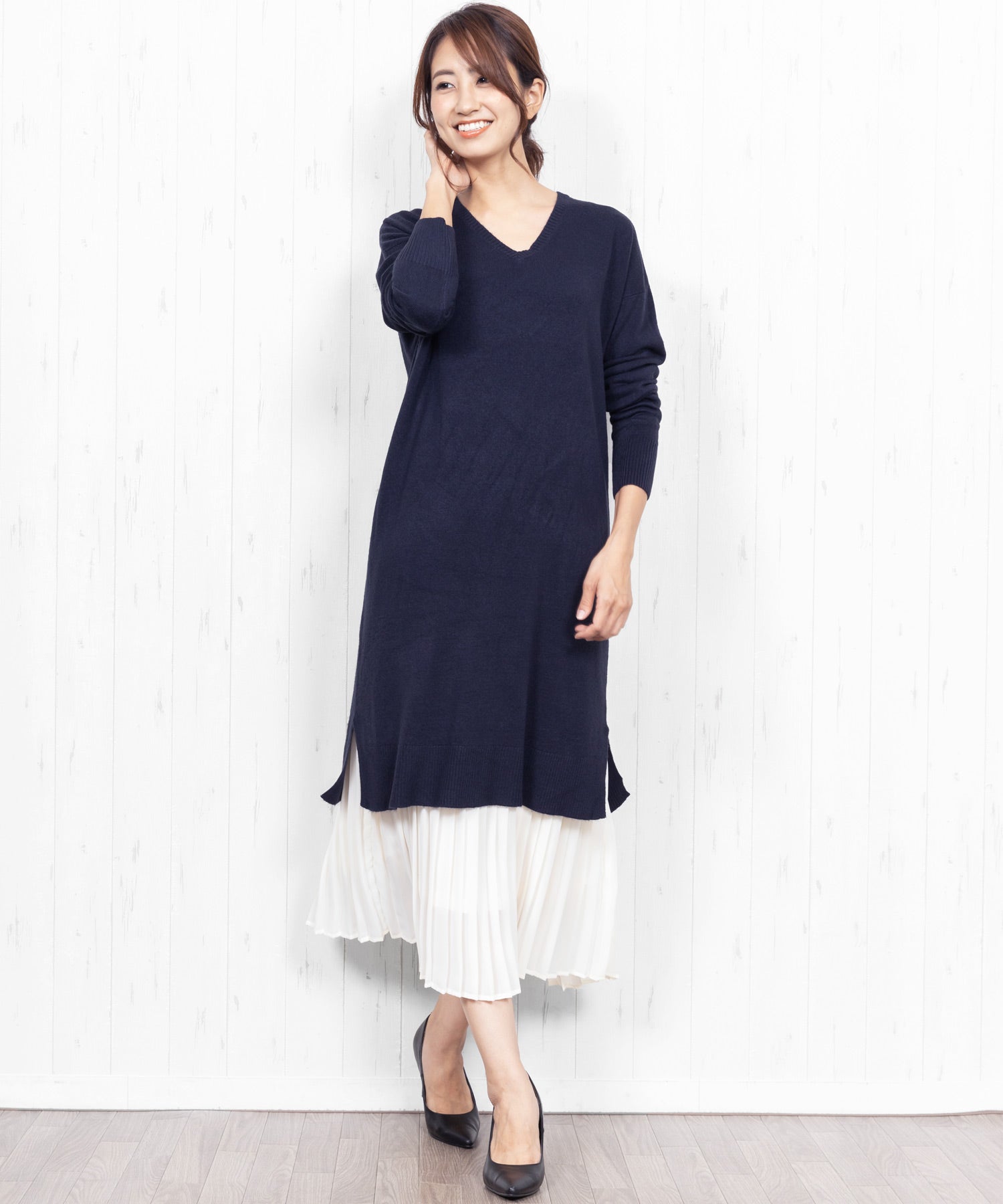 ミリアンデニ mili an deni カシミアタッチVネックニットワンピース （ネイビー） ネイビー