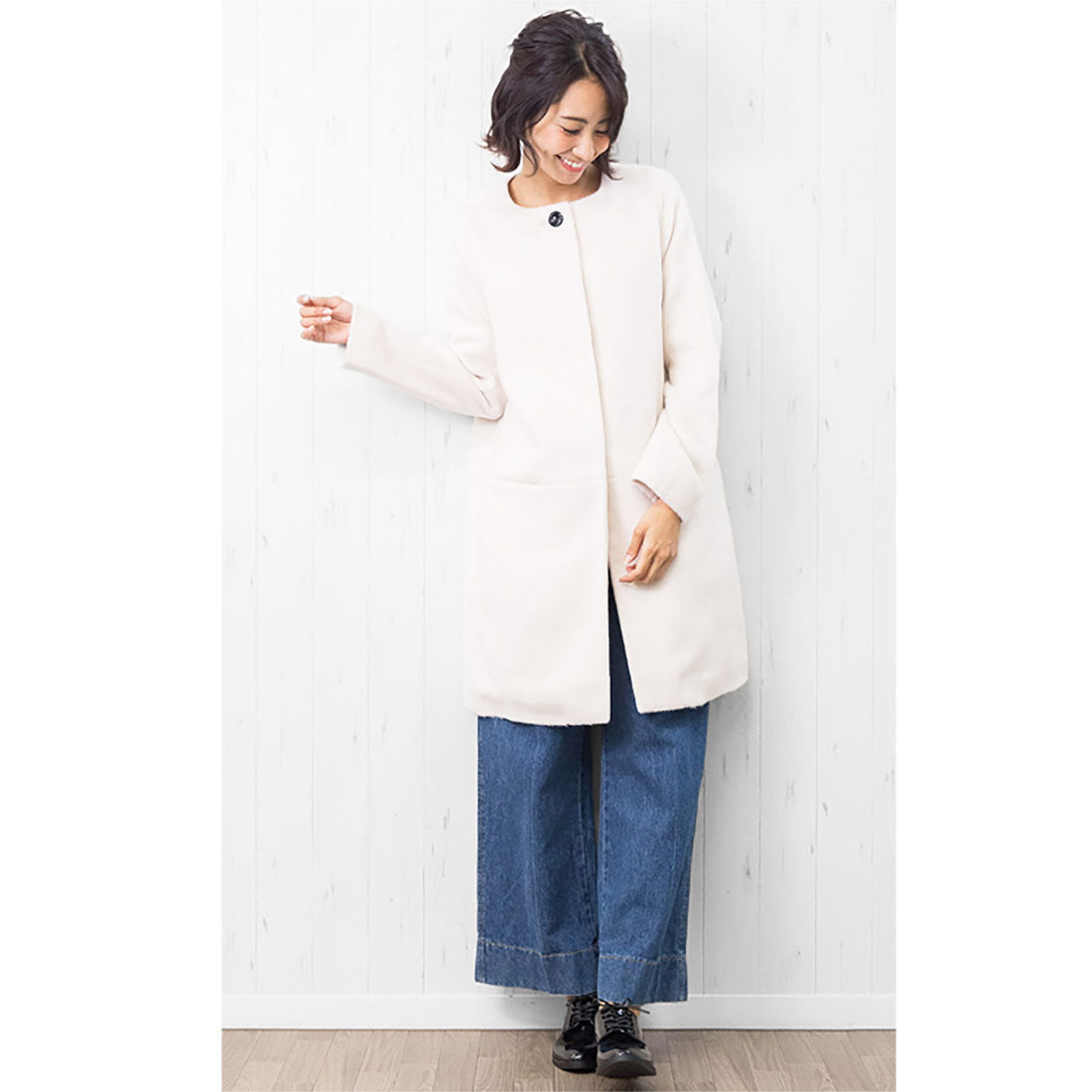 ミリアンデニ mili an deni シャギーノーカラーコート,アイボリー