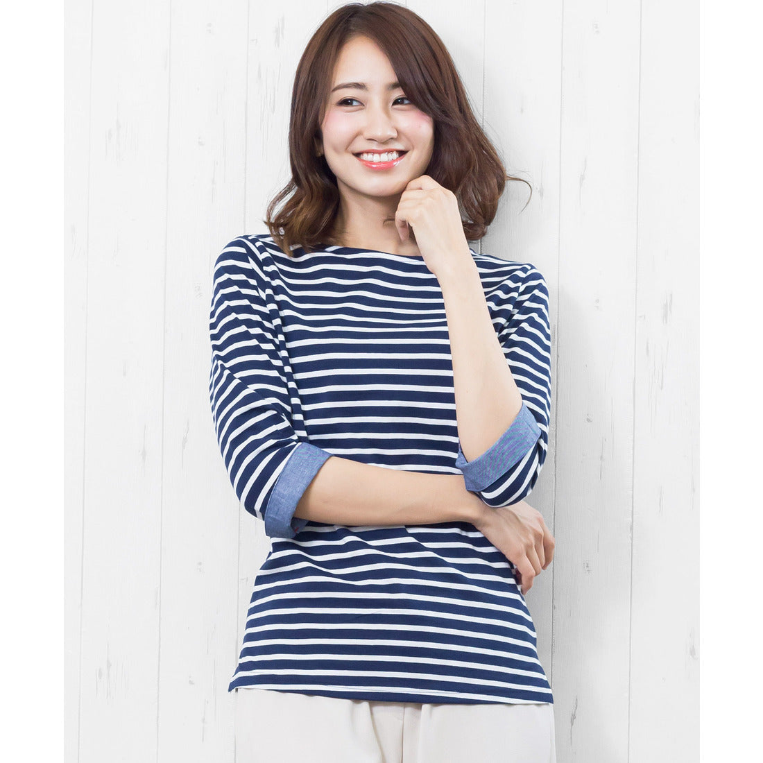 ミリアンデニ mili an deni 7分袖袖シャンブレー切替Tシャツ