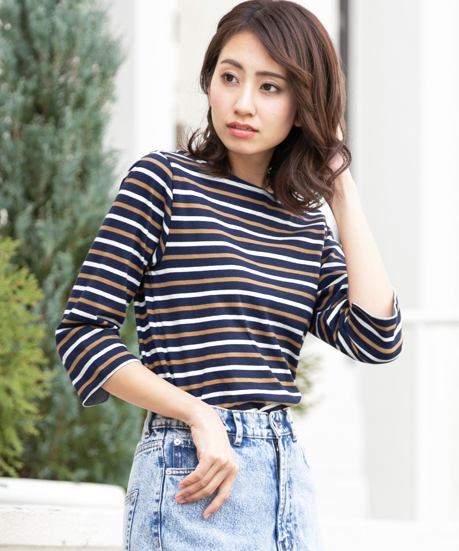 ミリアンデニ mili an deni 7分袖袖シャンブレー切替Tシャツ