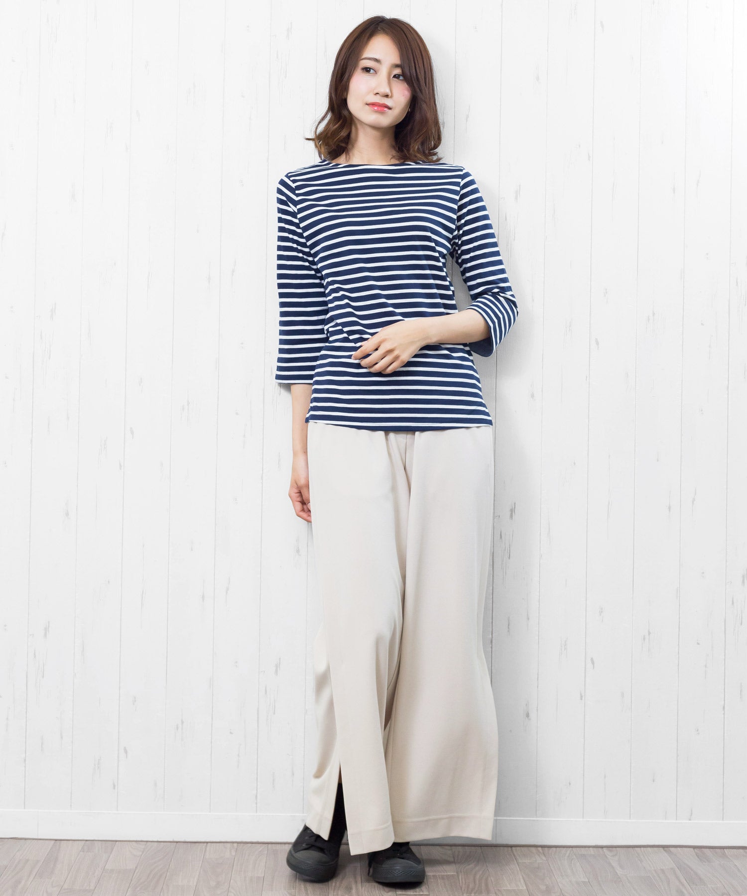 ミリアンデニ mili an deni 7分袖袖シャンブレー切替Tシャツ