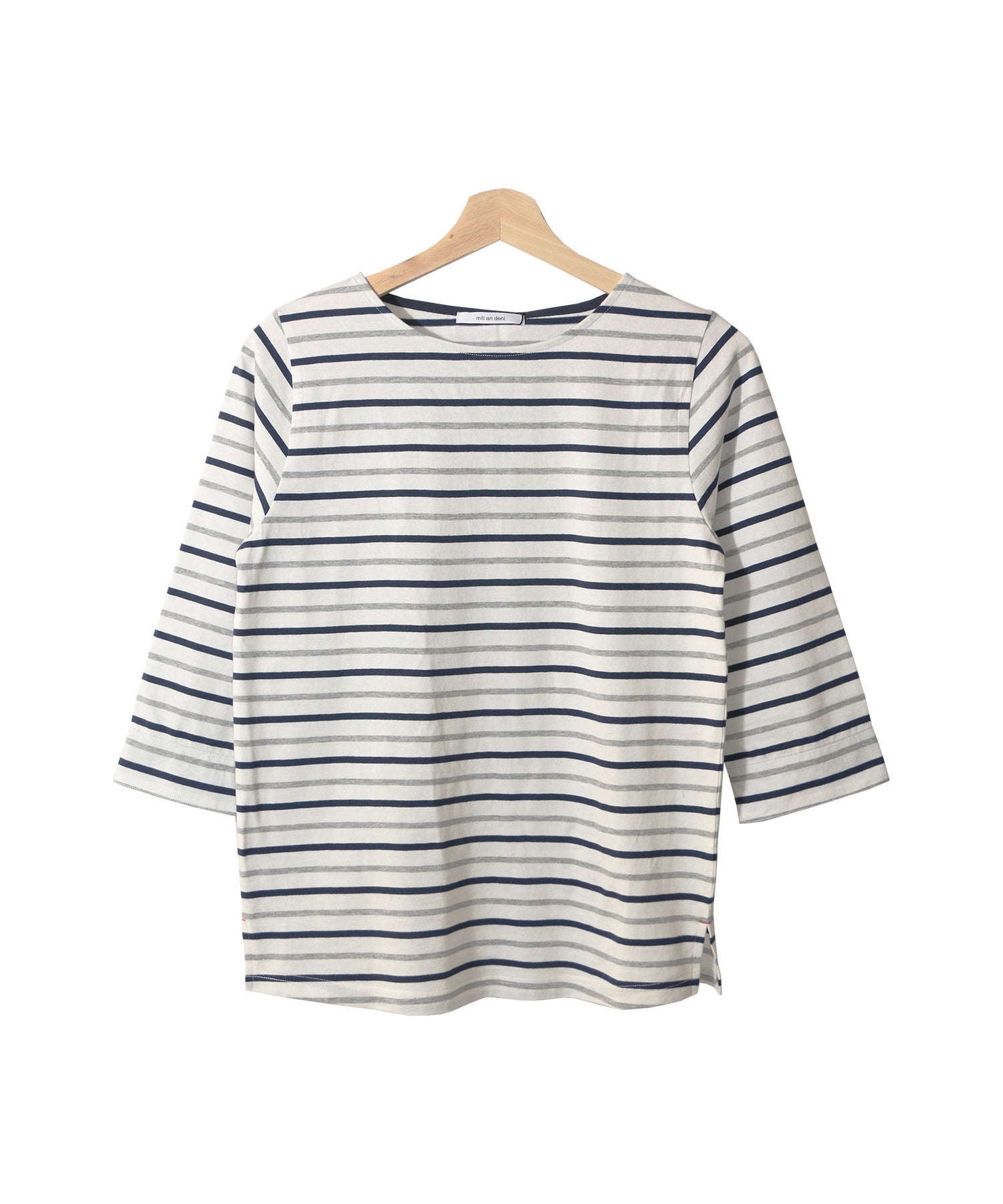 ミリアンデニ mili an deni 7分袖袖シャンブレー切替Tシャツ