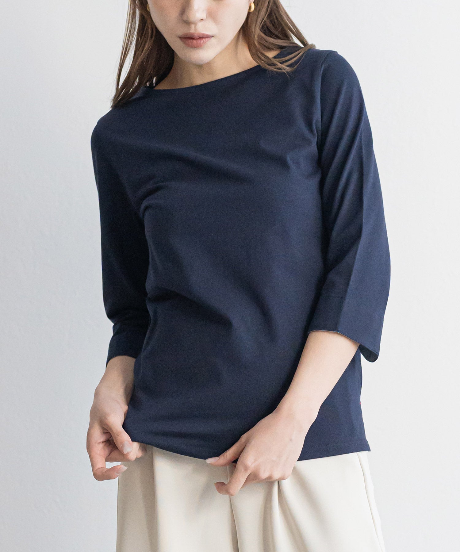 ミリアンデニ mili an deni 7分袖袖シャンブレー切替Tシャツ