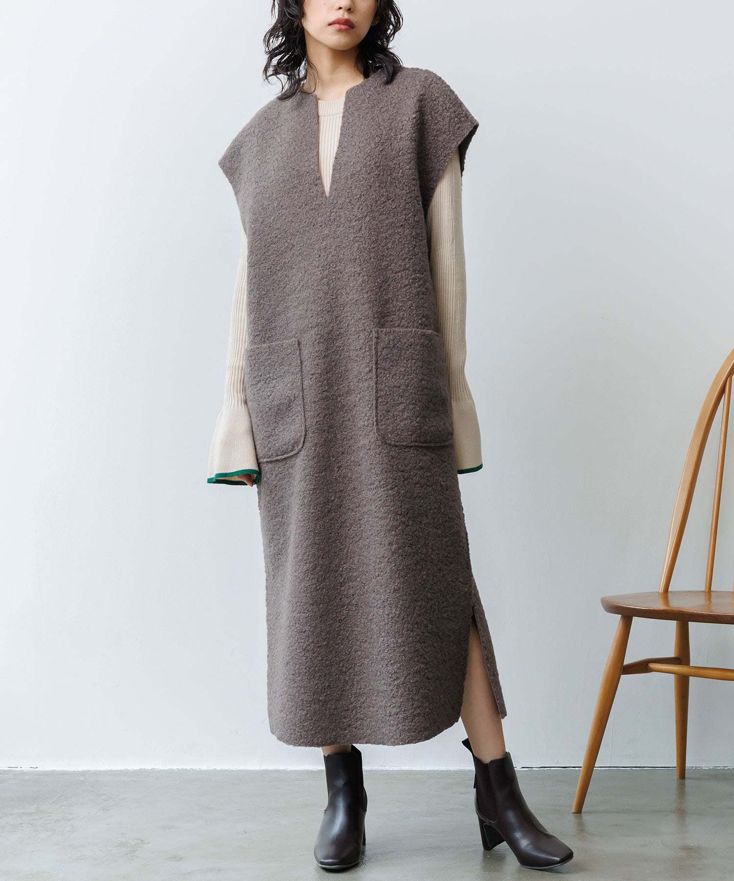 ミリアンデニ mili an deni フェイクリングリバーシブルキーネックワンピース,ブラウン