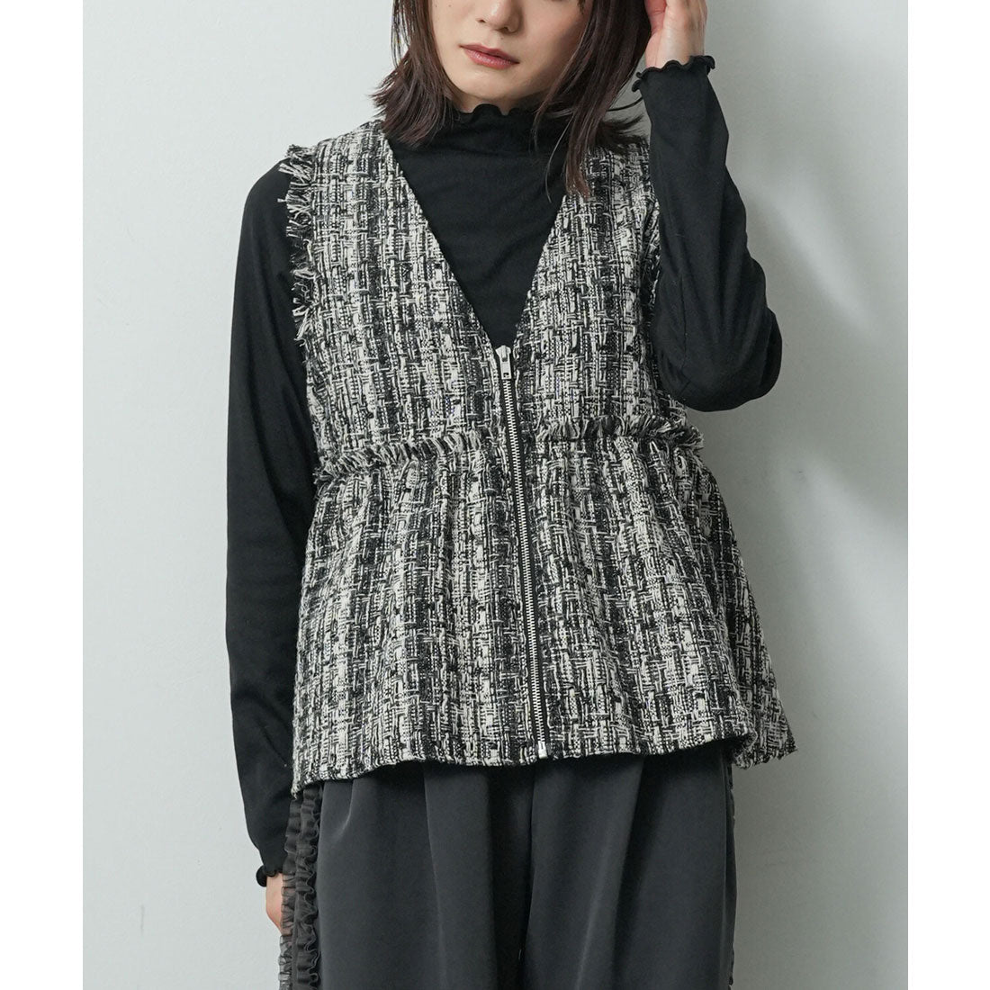 ミリアンデニ mili an deni ミックスツィードペプラムベスト,GRY