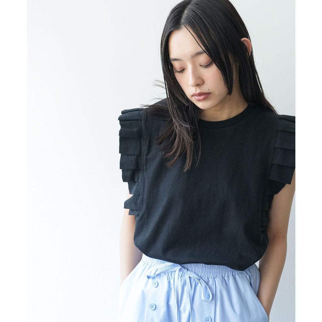 ミリアンデニ mili an deni タックフリルノースリーブTシャツ （BK） BK