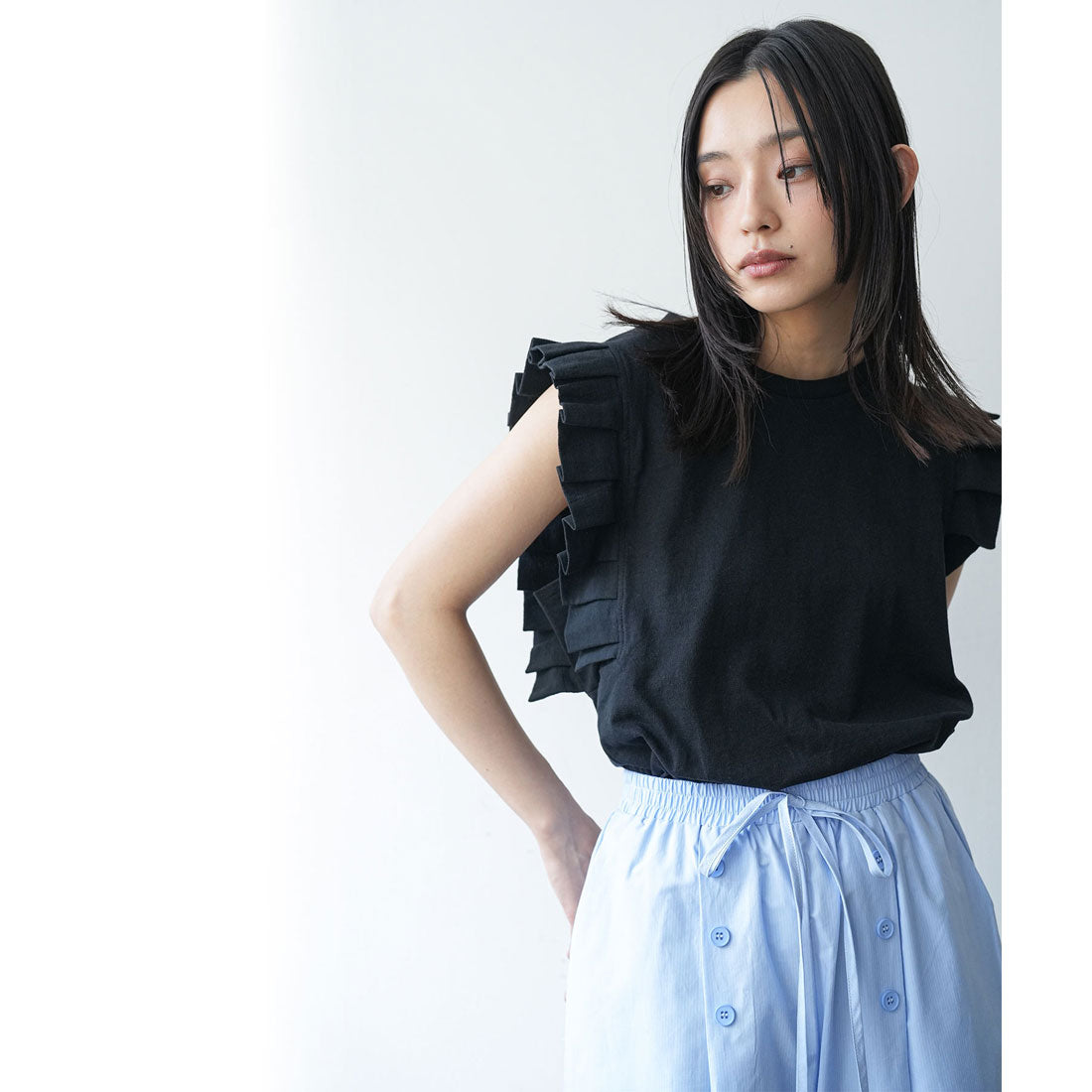 ミリアンデニ mili an deni タックフリルノースリーブTシャツ （BK） BK
