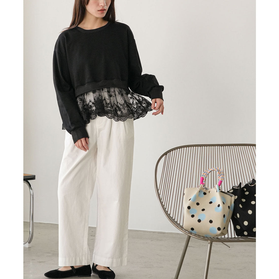 ミリアンデニ mili an deni レース切替スウェットプルオーバー （BK） BK