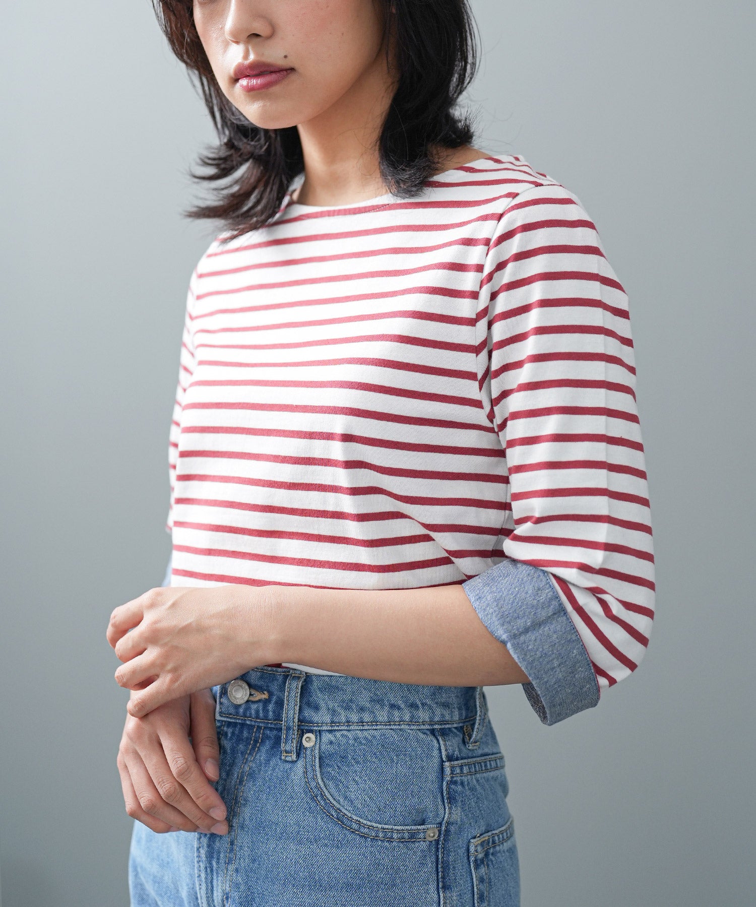 ミリアンデニ mili an deni 7分袖袖シャンブレー切替Tシャツ （オフホワイトxテラコッタ） オフホワイトxテラコッタ