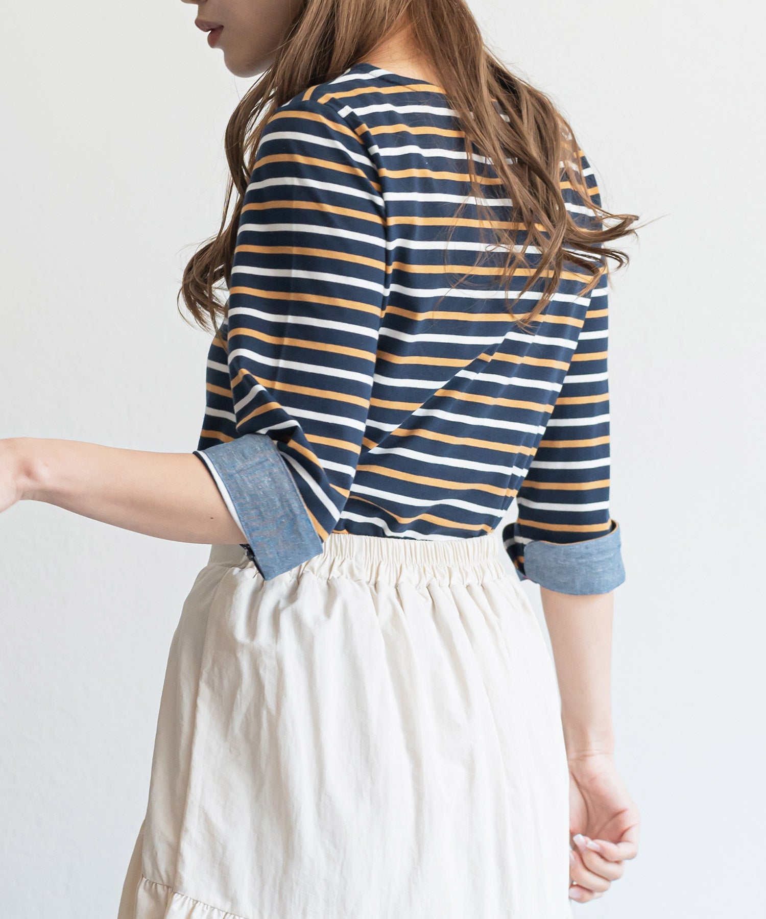 ミリアンデニ mili an deni 7分袖袖シャンブレー切替Tシャツ