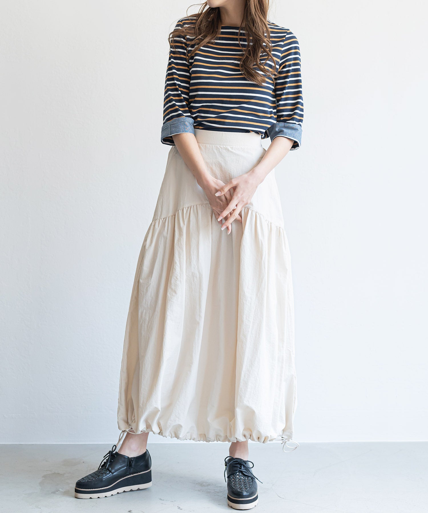 ミリアンデニ mili an deni 7分袖袖シャンブレー切替Tシャツ