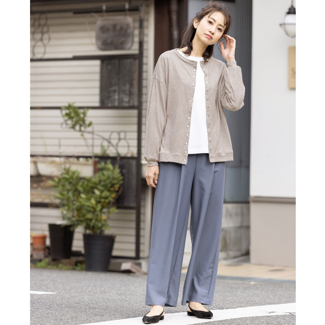 ミリアンデニ mili an deni ストレッチ起毛クルーネックカーディガン