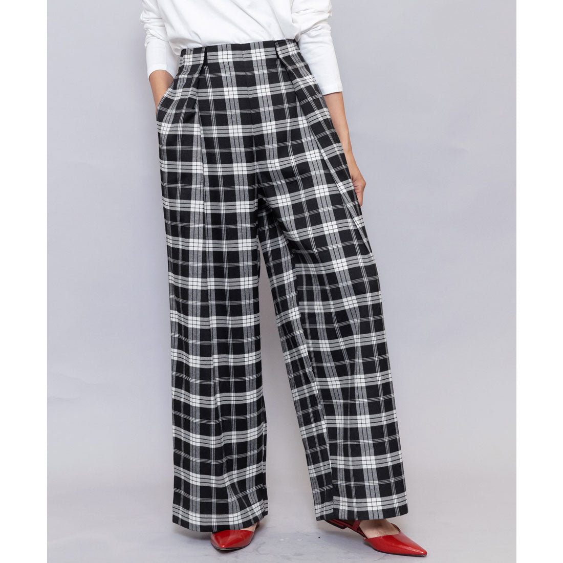 ミリアンデニ mili an deni チェックフロントテープパンツ,ブラック