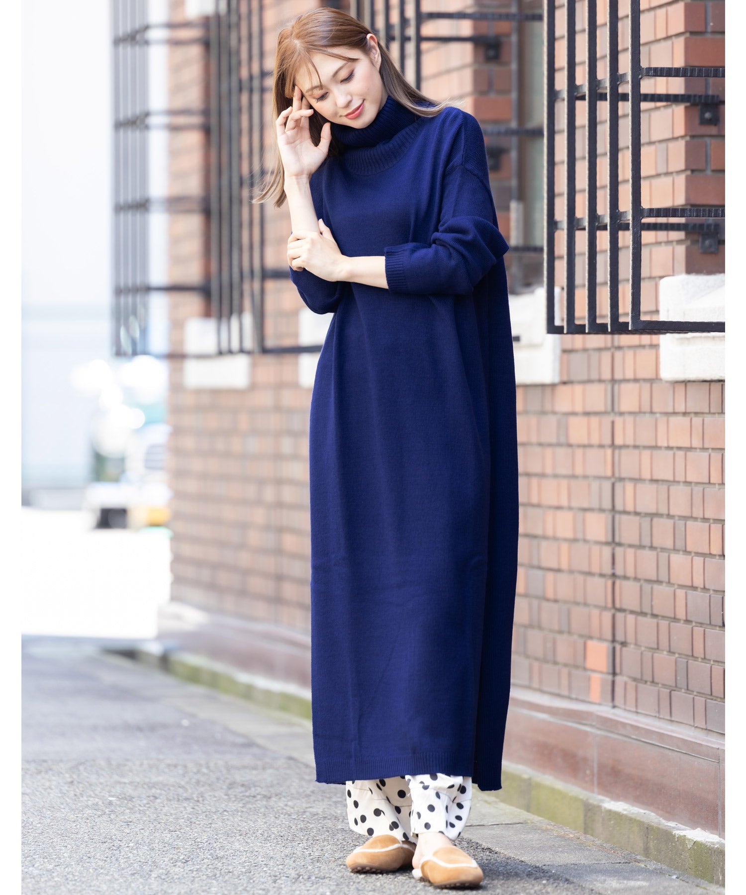 ミリアンデニ mili an deni タートルネックサイドスリットニットロングワンピース