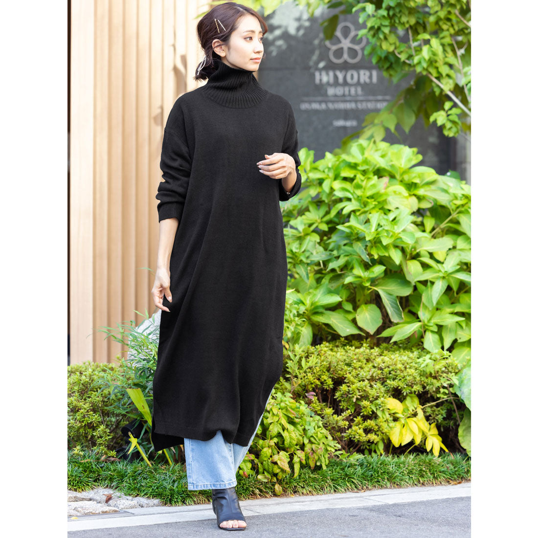 ミリアンデニ mili an deni タートルネックサイドスリットニットロングワンピース