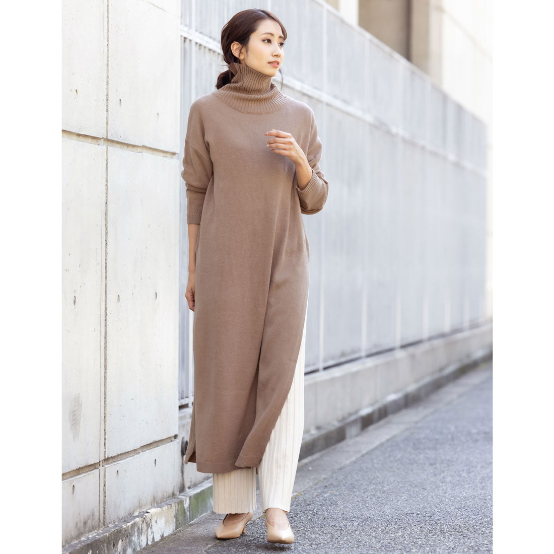 ミリアンデニ mili an deni タートルネックサイドスリットニットロングワンピース
