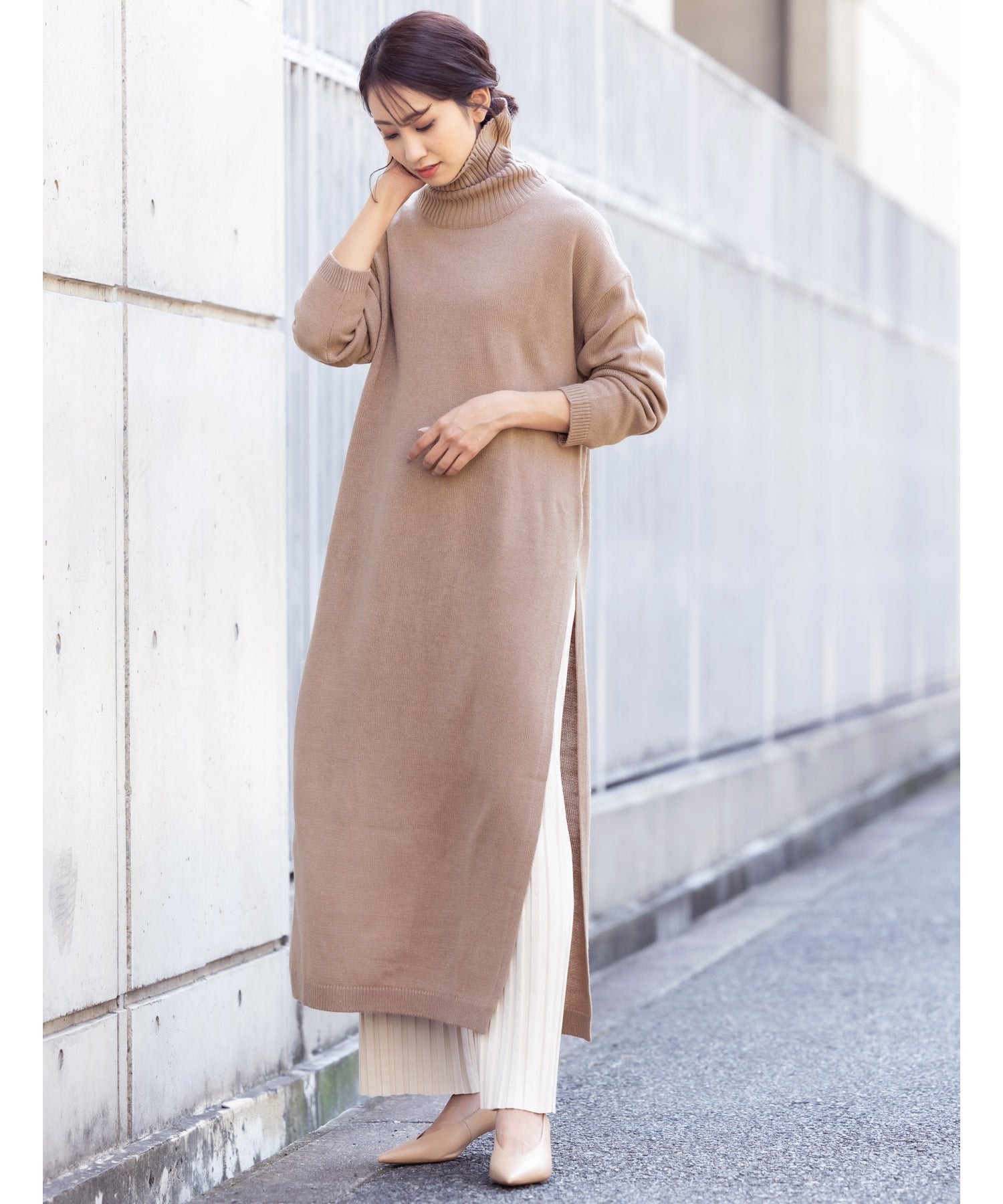 ミリアンデニ mili an deni クルーネックサイドスリットニットロングワンピース