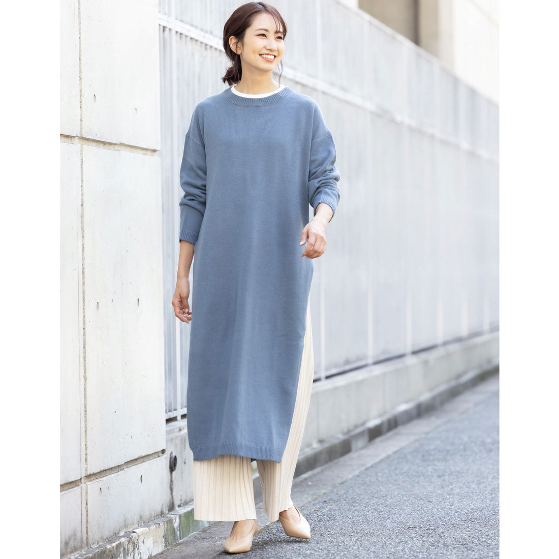 ミリアンデニ mili an deni クルーネックサイドスリットニットロングワンピース,ブルー
