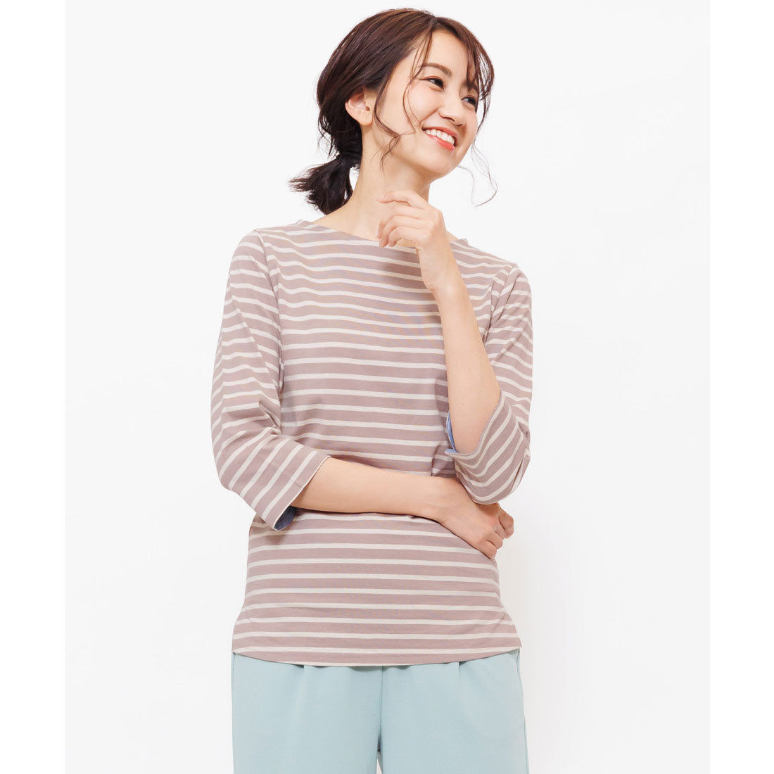 ミリアンデニ mili an deni 7分袖袖シャンブレー切替Tシャツ