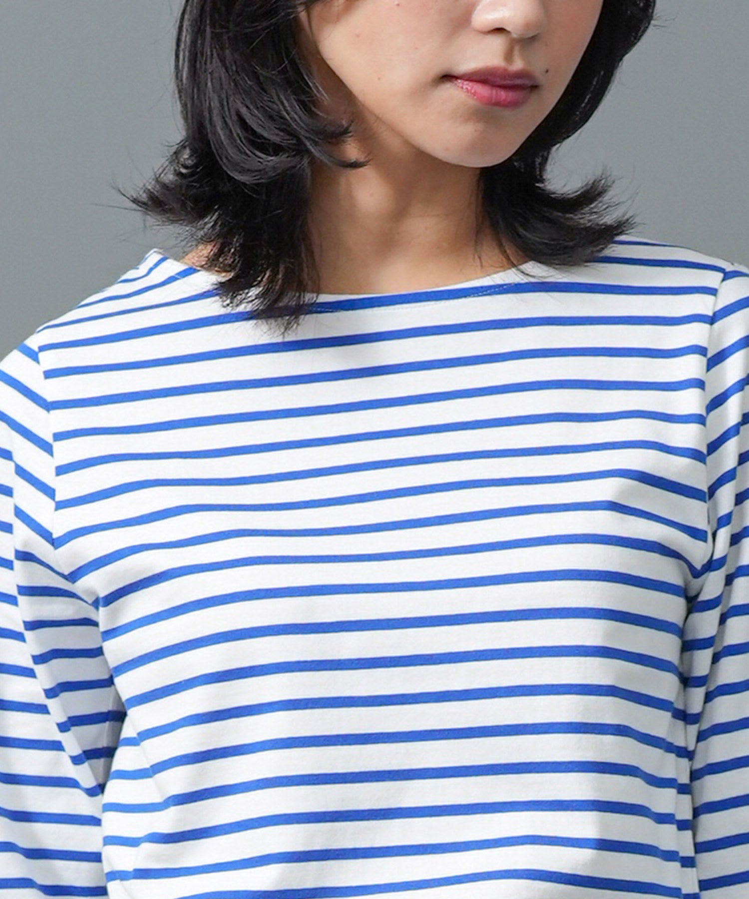 ミリアンデニ mili an deni 7分袖袖シャンブレー切替Tシャツ