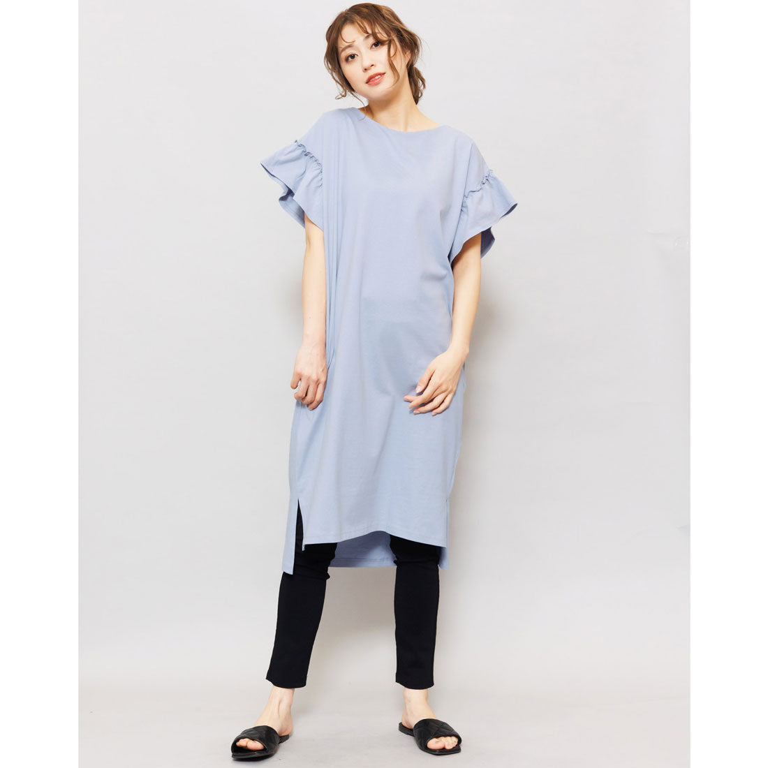 ミリアンデニ mili an deni 綿100％袖フリルTシャツワンピース （サックス） サックス