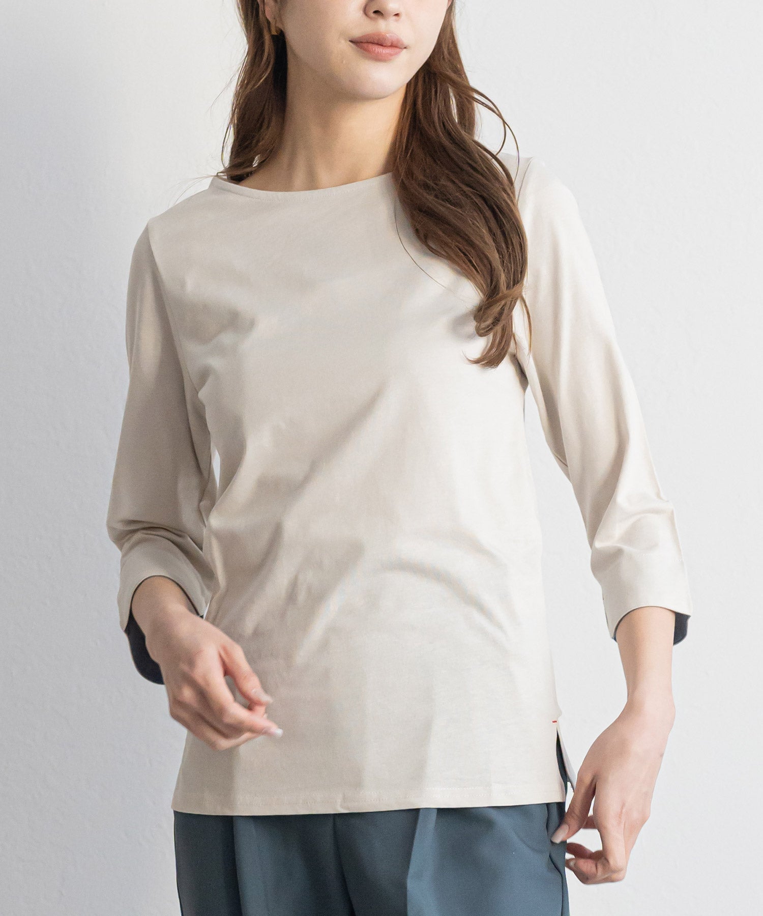 ミリアンデニ mili an deni 7分袖袖シャンブレー切替Tシャツ