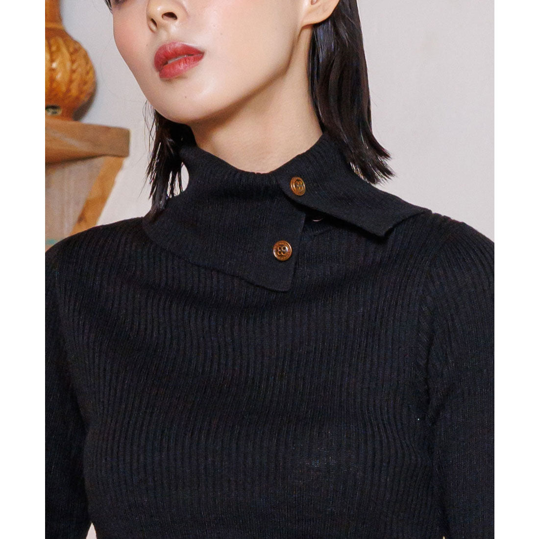 mili an deni Washable Doctor Neck Rib Knit PO