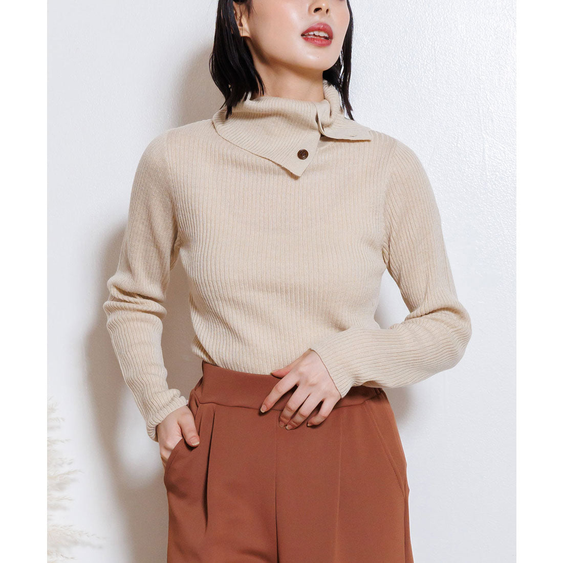 mili an deni Washable Doctor Neck Rib Knit PO