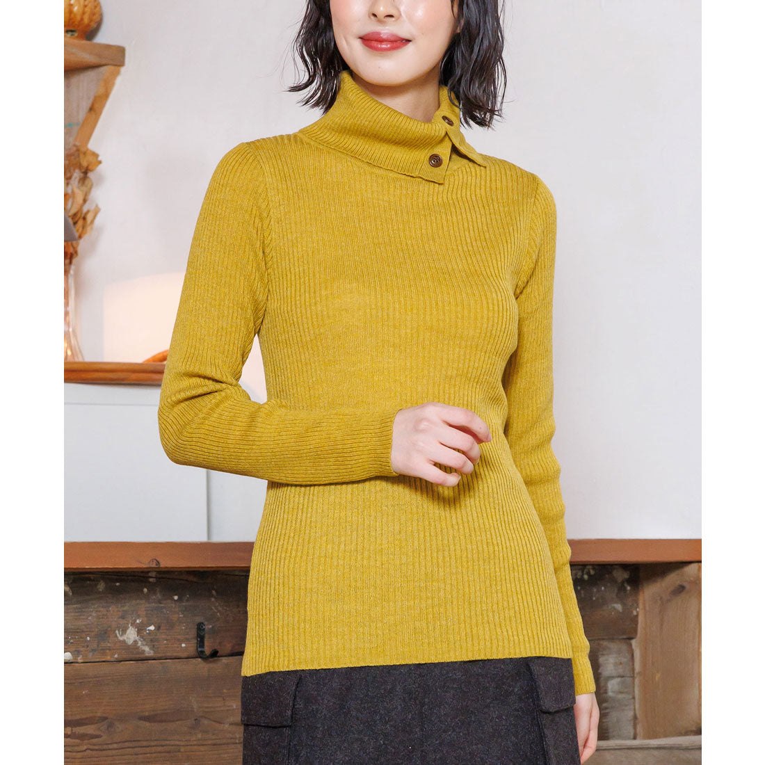 mili an deni Washable Doctor Neck Rib Knit PO